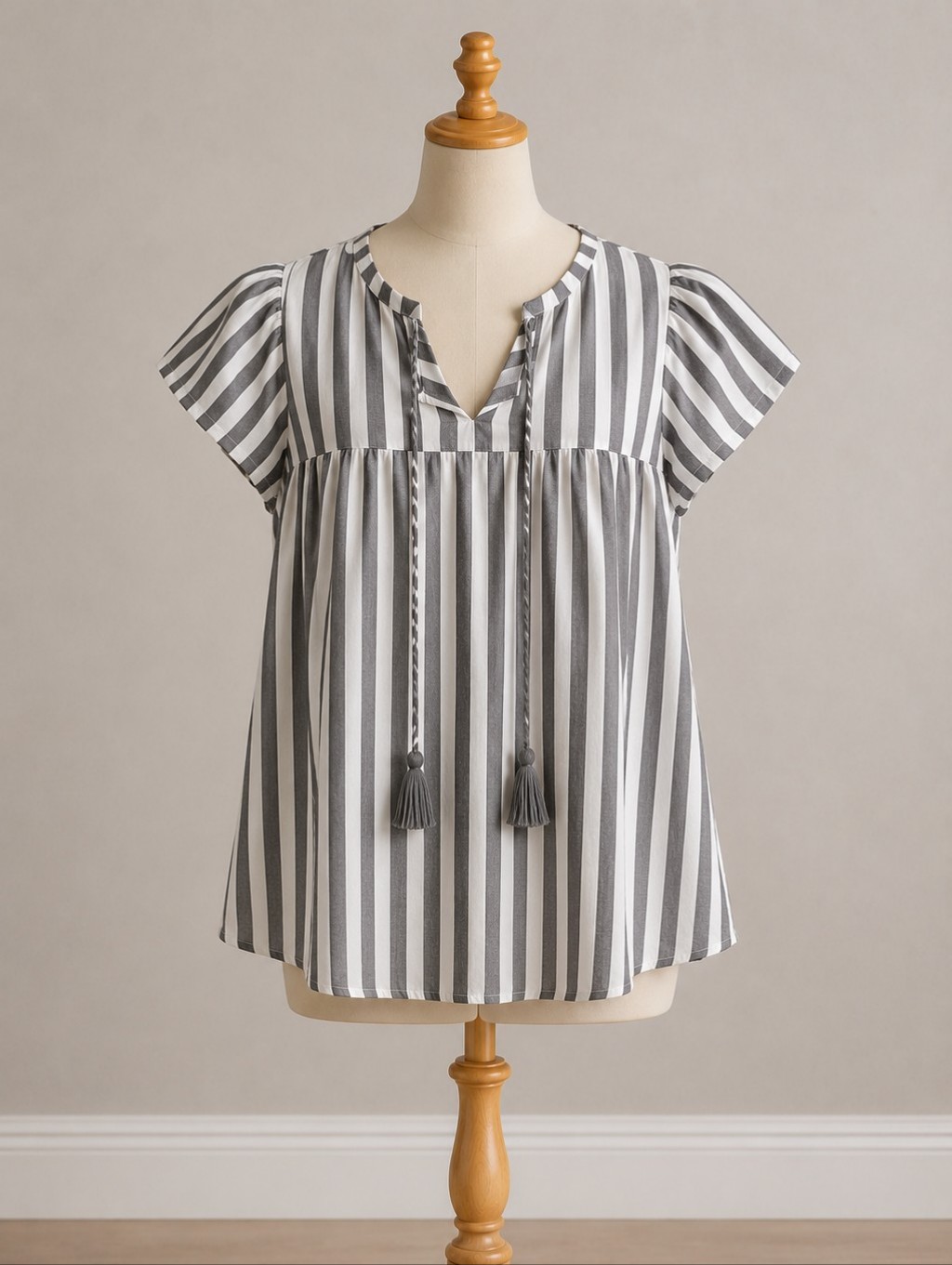St. John’s Bay Baby Doll Top Gray/White Stripe Cap Sleeves Tassels